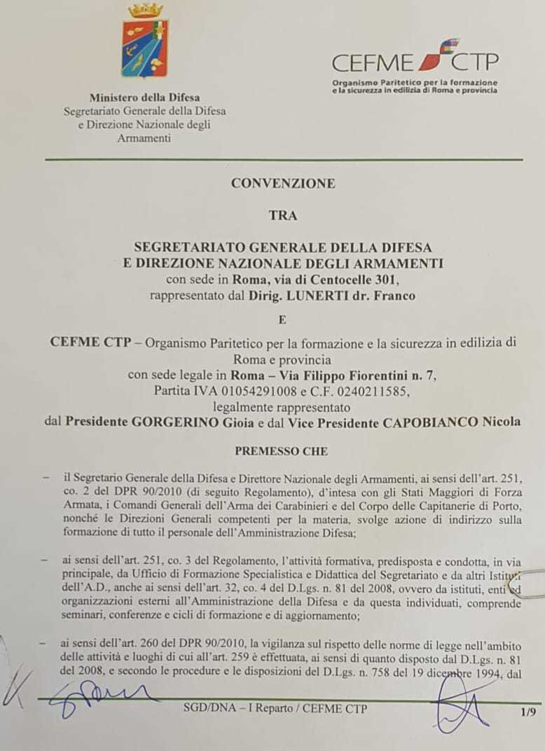 Firmata oggi la Convenzione tra il CEFMECTP e il SEGRETARIATO GENERALE DELLA DIFESA E DIREZIONE NAZIONALE DEGLI ARMAMENTI del MINISTERO DELLA DIFESA
