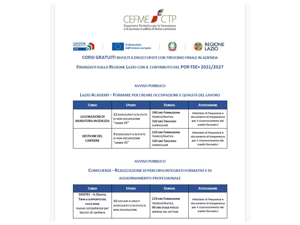 CORSI GRATUITI RIVOLTI A DISOCCUPATI CON TIROCINIO/STAGE IN AZIENDA - LAZIO ACADEMY: FORMARE PER CREARE OCCUPAZIONE E  QUALITA' DEL LAVORO - CONFLUENZE - REALIZZAZIONE DI PERCORSI INTEGRATI FORMATIVI E DI AGGIORNAMENTO PROFESSIONALE